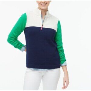 J. Crew Blue, White and Green Color Block 100% Cotton 1/4 Zip Sweater S